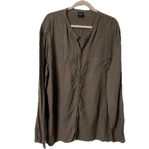 Hugo Boss Linen Shirt Mens XXL Collarless Button Up Neutral Summer Long Sleeve - Picture 1 of 11